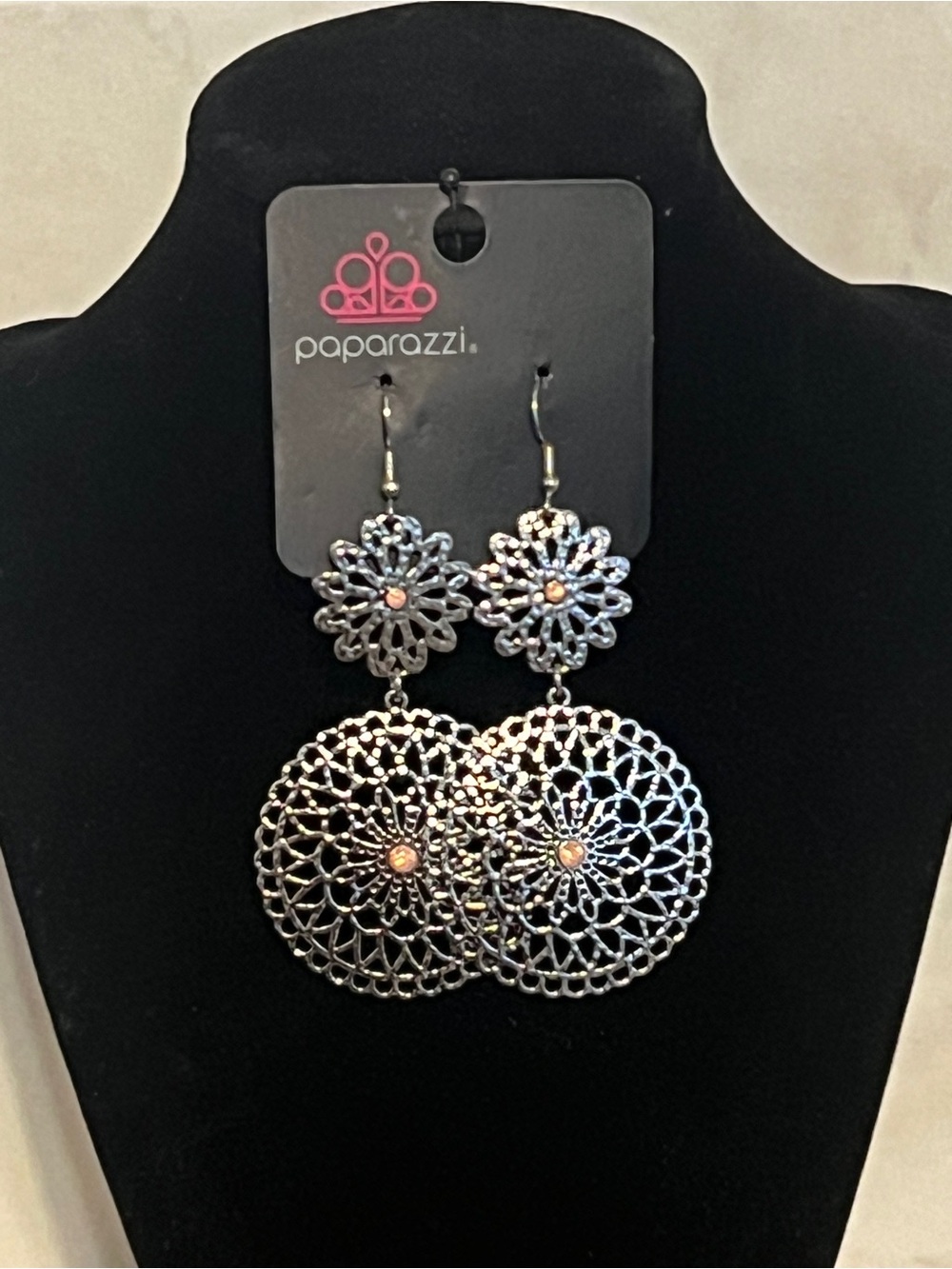Paparazzi Silver Lace Medallion Dangle Earrings with Pale Pink Accents